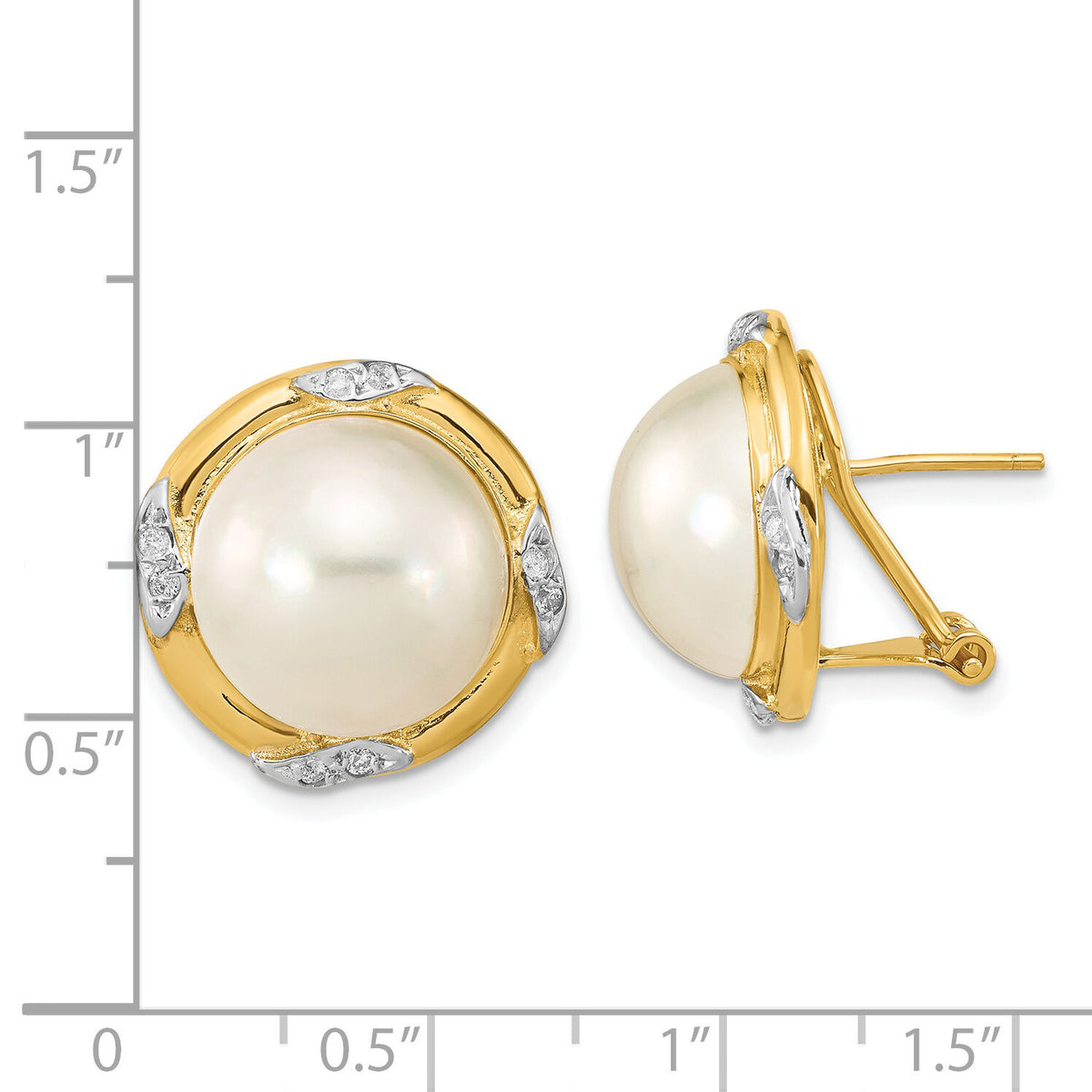 14K 13-14mm White Saltwater Mabe Pearl .16ct Dia. Omega Back Earrings-XMP102