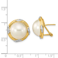 14K 13-14mm White Saltwater Mabe Pearl .16ct Dia. Omega Back Earrings-XMP102