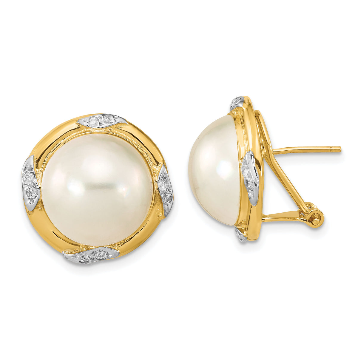 14K 13-14mm White Saltwater Mabe Pearl .16ct Dia. Omega Back Earrings-XMP102