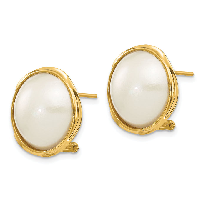 14k 14-15mm White Freshwater Cultured Mabe Pearl Omega Back Earrings-XMP70