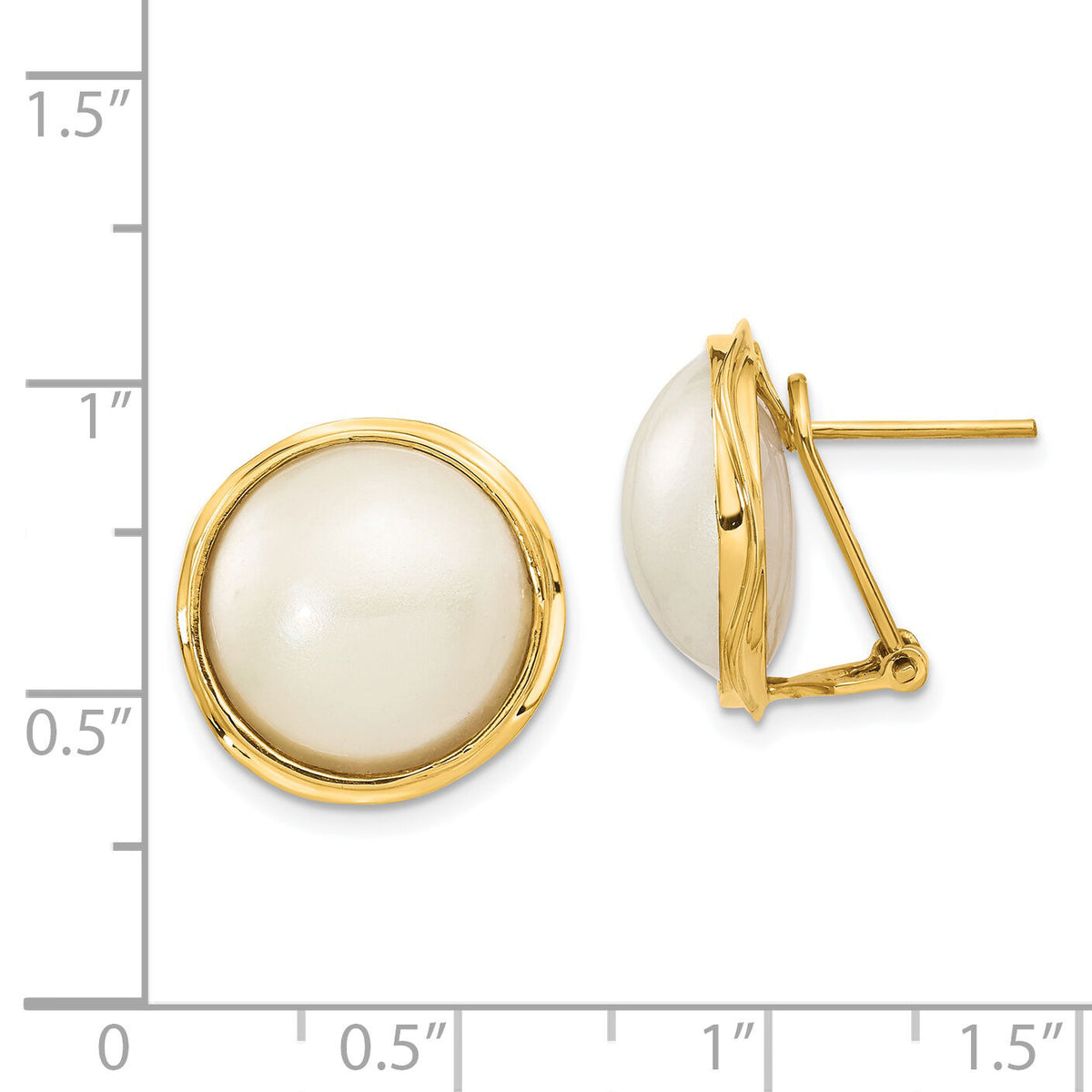 14k 14-15mm White Freshwater Cultured Mabe Pearl Omega Back Earrings-XMP70