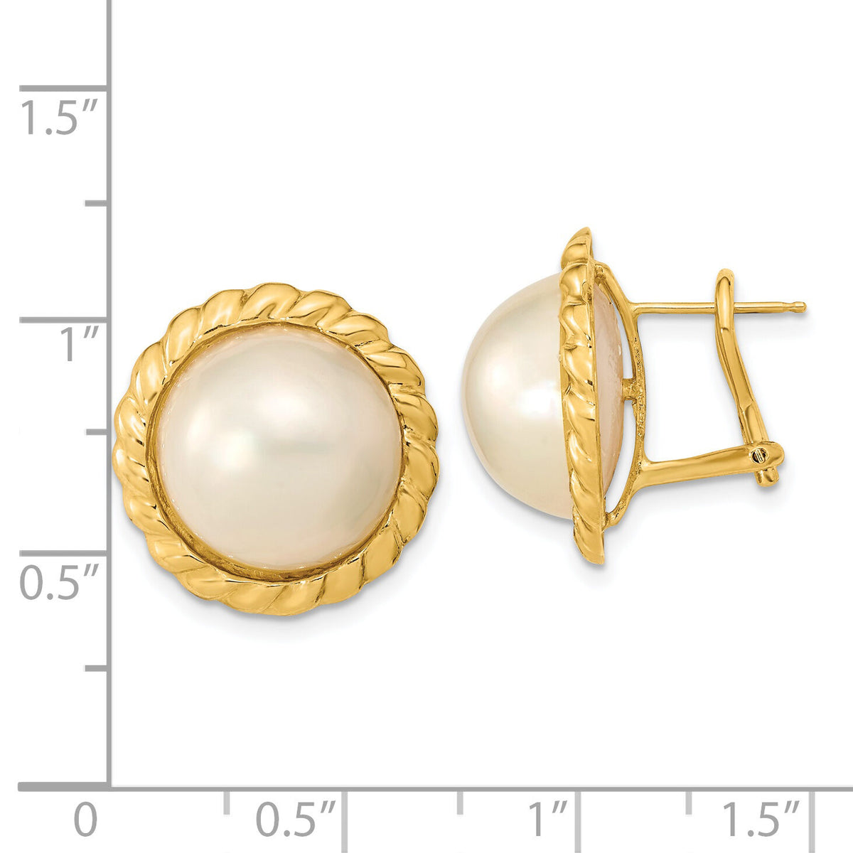 14k 13-14mm White Mabe Saltwater Cultured Pearl Omega Back Earrings-XMP97