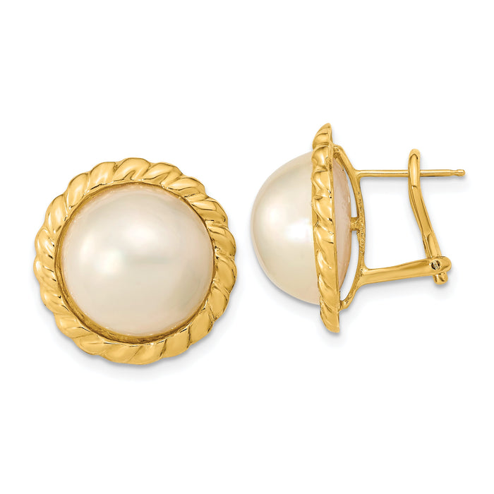 14k 13-14mm White Mabe Saltwater Cultured Pearl Omega Back Earrings-XMP97