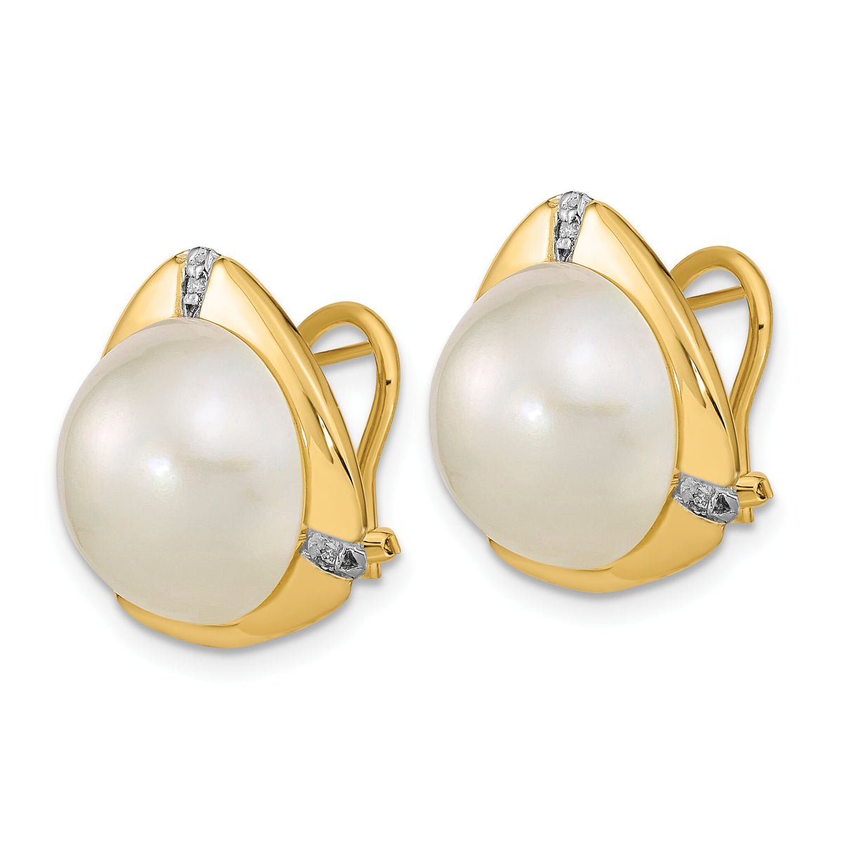 14k 12-13mm White Saltwater Mabe Pearl .06ct Diamond Omega Back Earrings-XMP99