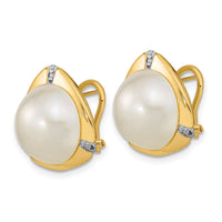 14k 12-13mm White Saltwater Mabe Pearl .06ct Diamond Omega Back Earrings-XMP99