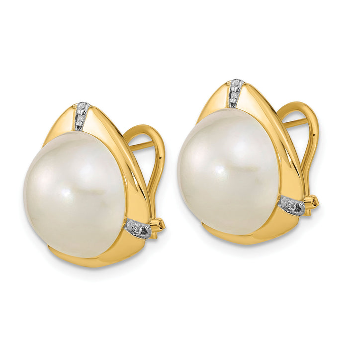 14k 12-13mm White Saltwater Mabe Pearl .06ct Diamond Omega Back Earrings-XMP99