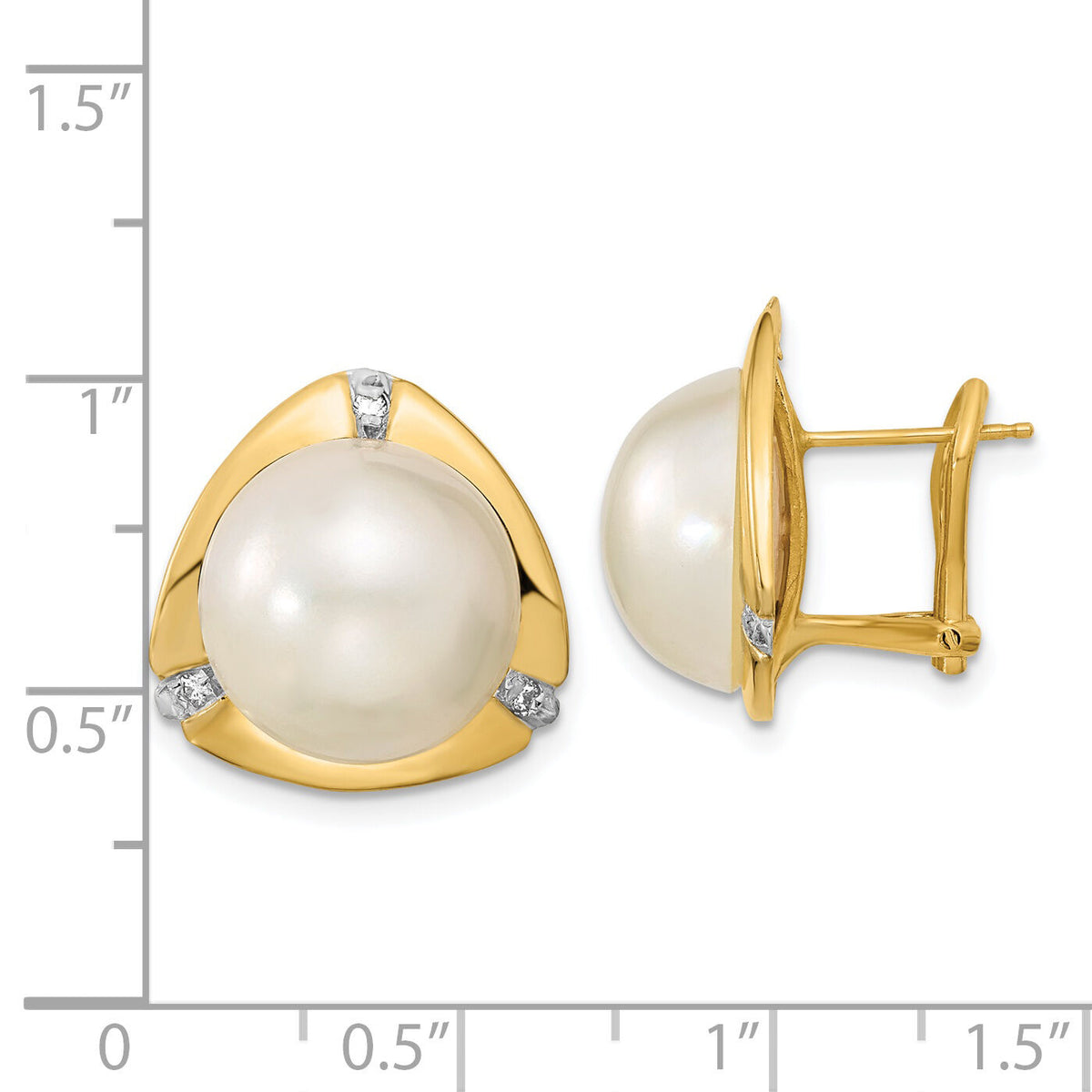 14k 12-13mm White Saltwater Mabe Pearl .06ct Diamond Omega Back Earrings-XMP99