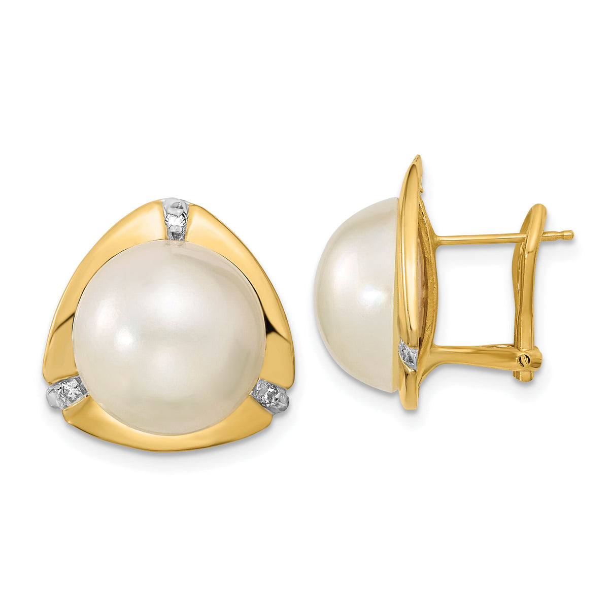 14k 12-13mm White Saltwater Mabe Pearl .06ct Diamond Omega Back Earrings-XMP99