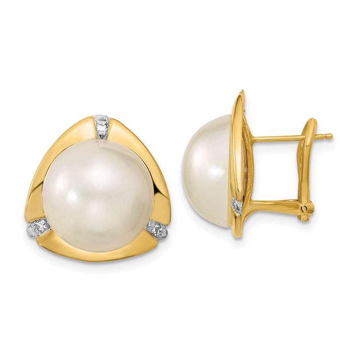 14k 12-13mm White Saltwater Mabe Pearl .06ct Diamond Omega Back Earrings-XMP99