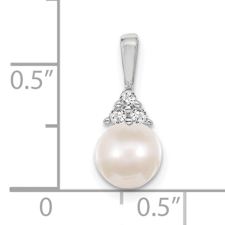 14k White Gold 7mm White Round Freshwater Cultured Pearl AA Diamond Pendant-XP248WPL/AA