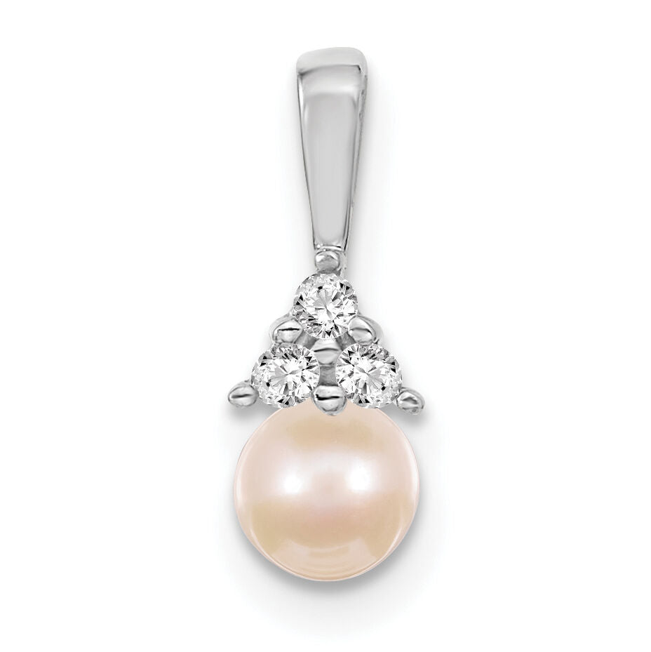 14k White Gold 7mm White Round Freshwater Cultured Pearl AA Diamond Pendant-XP248WPL/AA