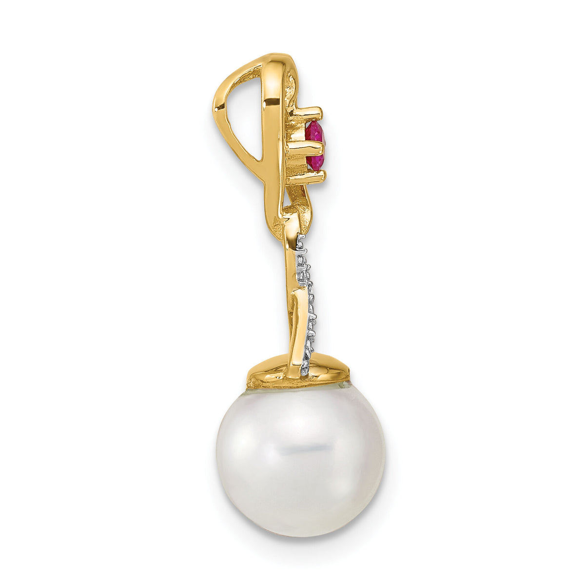14k Diamond 8-9mm Round FWC Pearl Lab Cr. Ruby Chain Slide-XP4166