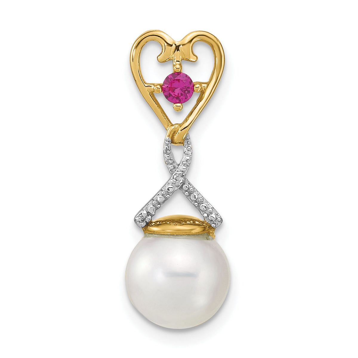 14k Diamond 8-9mm Round FWC Pearl Lab Cr. Ruby Chain Slide-XP4166