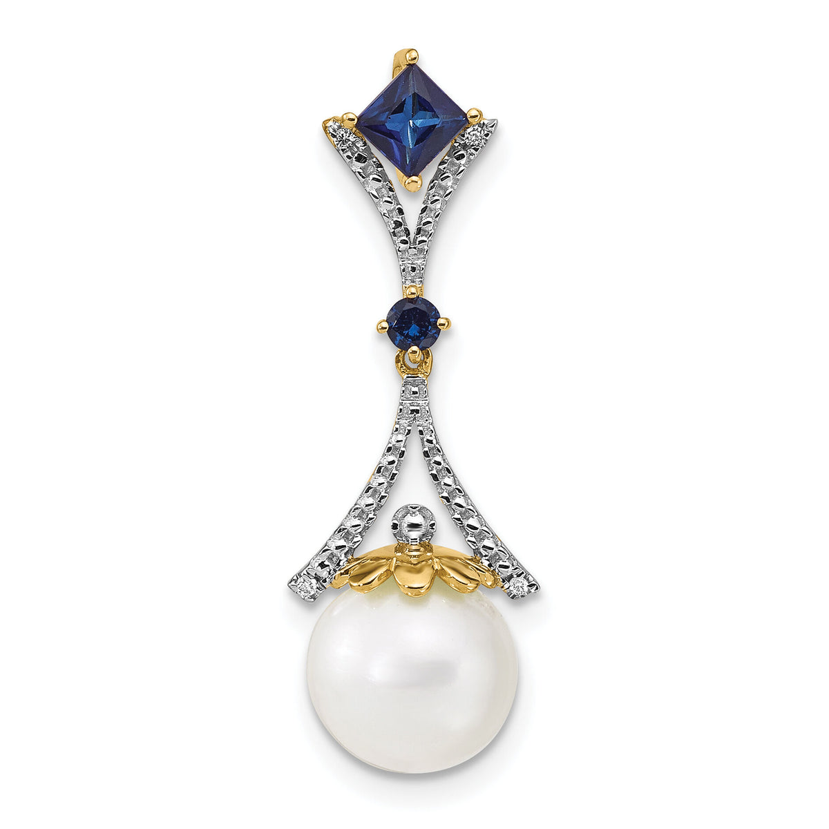 14k Diamond 8-9mm Round FWC Pearl/Created Sapphire Chain Slide-XP4168