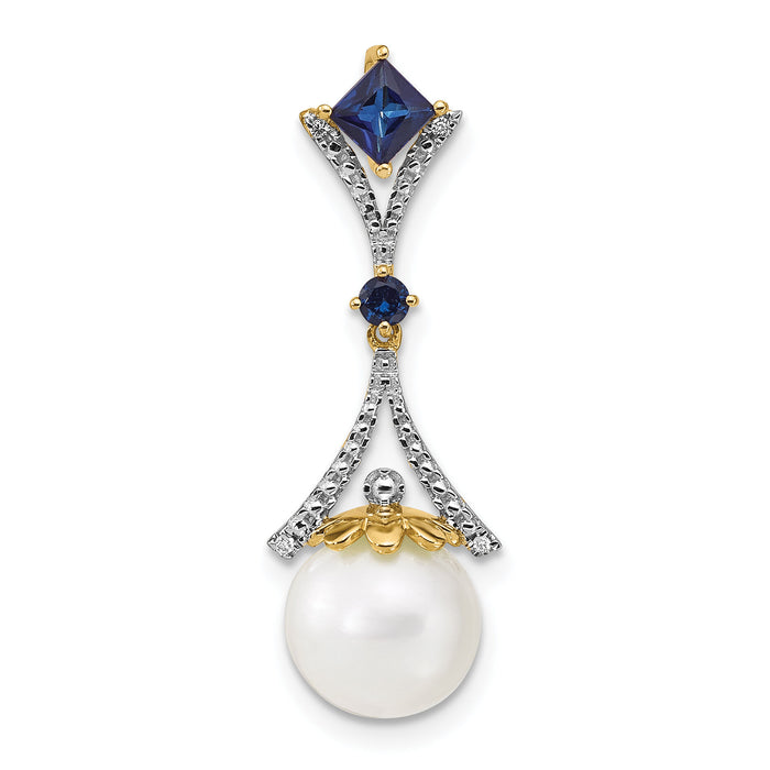 14k Diamond 8-9mm Round FWC Pearl/Created Sapphire Chain Slide-XP4168