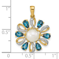 14k Diamond and 6-7mm Button FWC Pearl/London Blue Topaz Pendant-XP4169