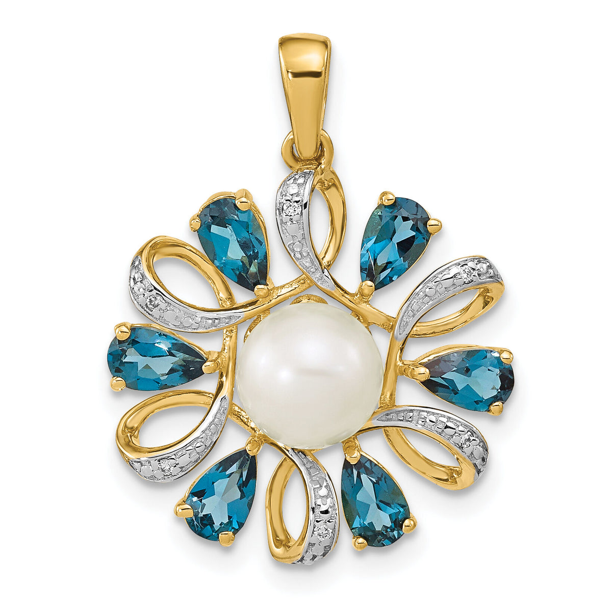 14k Diamond and 6-7mm Button FWC Pearl/London Blue Topaz Pendant-XP4169
