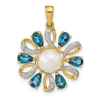 14k Diamond and 6-7mm Button FWC Pearl/London Blue Topaz Pendant-XP4169