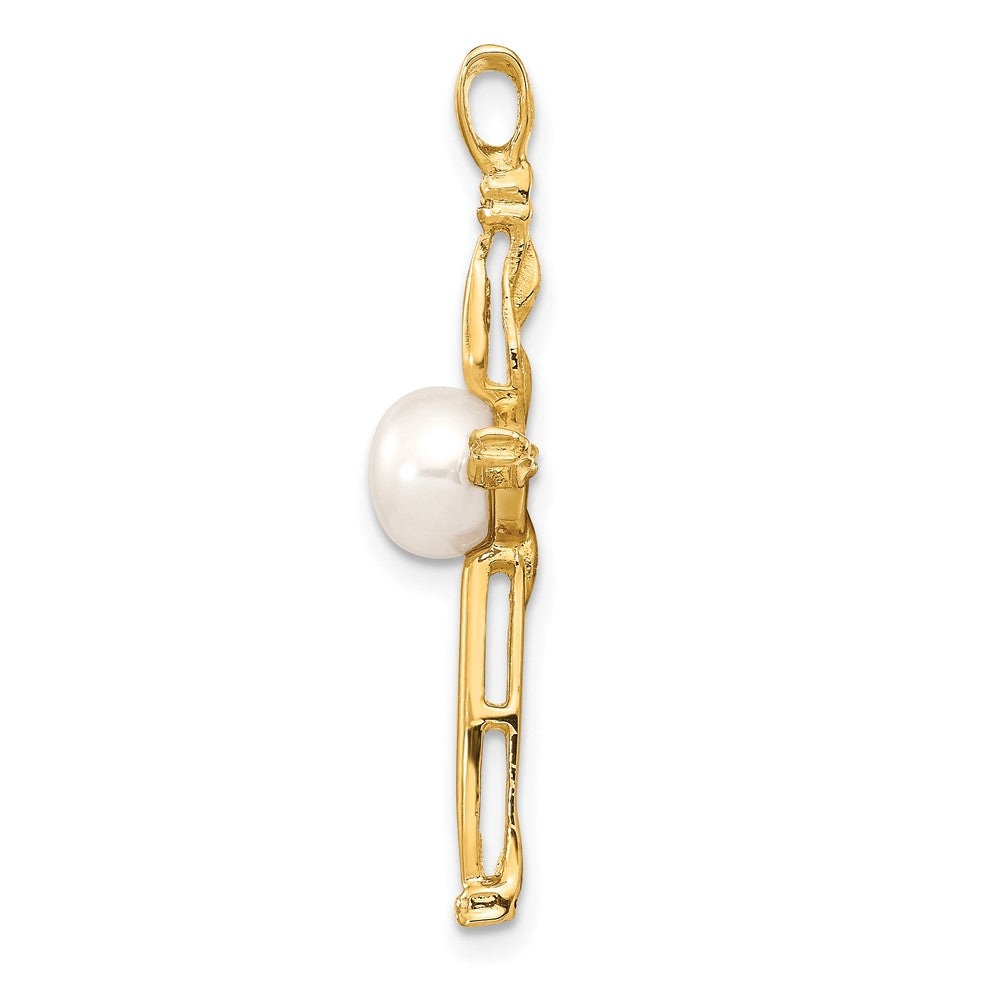 14K 6-7mm White Button FW Cultured Pearl .02ct Diamond Cross Pendant-XP5300