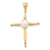 14K 6-7mm White Button FW Cultured Pearl .02ct Diamond Cross Pendant-XP5300
