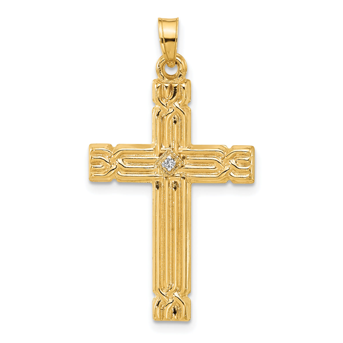 14k Polished and Grooved Hollow Diamond Cross Pendant-XP5307A