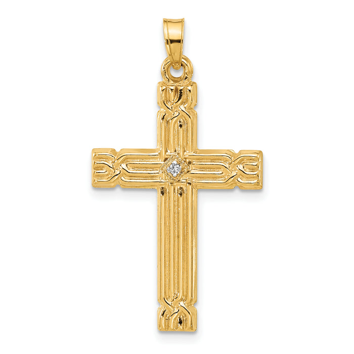 14k Polished and Grooved Hollow Diamond Cross Pendant-XP5307A
