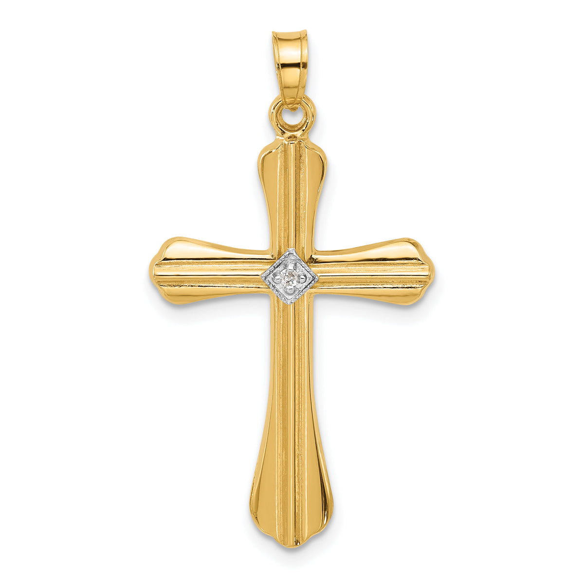 14k Polished and Grooved Hollow Diamond Cross Pendant-XP5308A