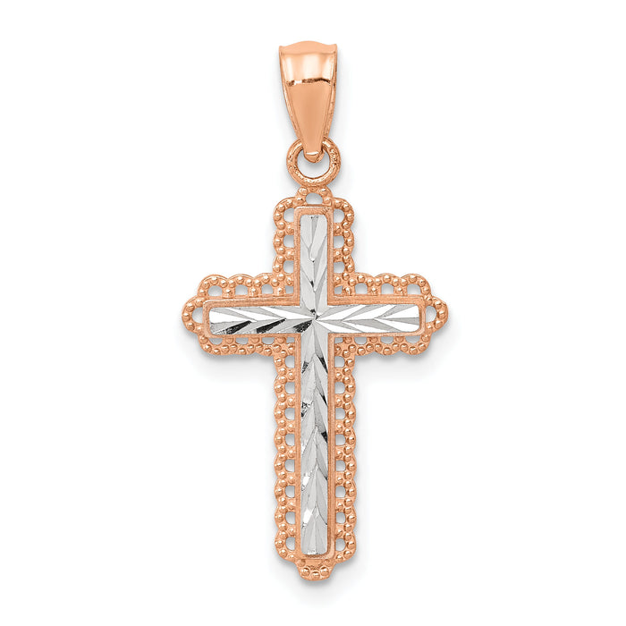 14k Rose Gold Rhodium Diamond Cut Cross Pendant-XR1216