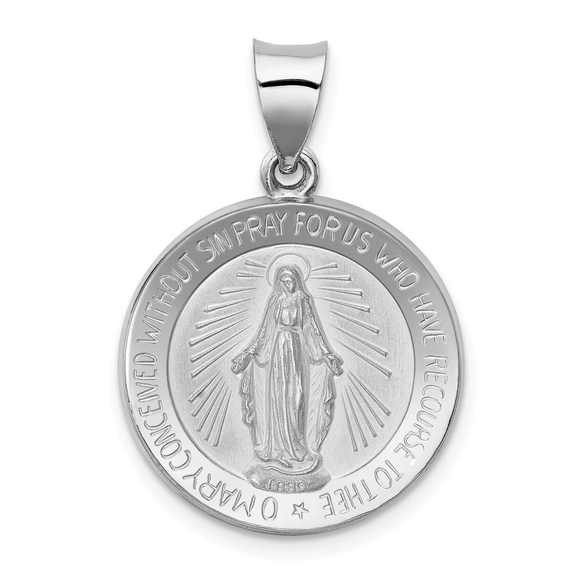 14k White Gold Polished /Satin Miraculous Medal Hollow Pendant-XR1271