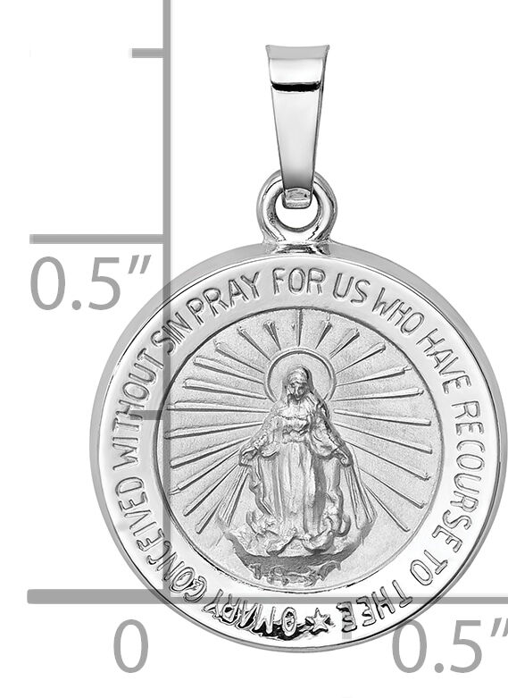 14k White Gold Polished / Satin Miraculous Medal Hollow Pendant-XR1272