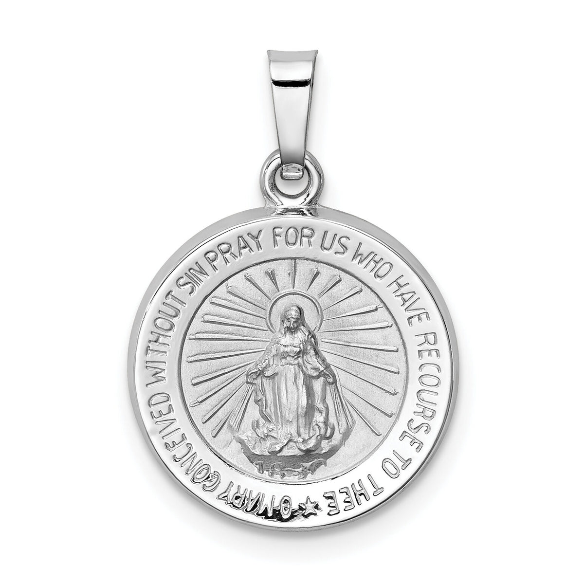14k White Gold Polished / Satin Miraculous Medal Hollow Pendant-XR1272