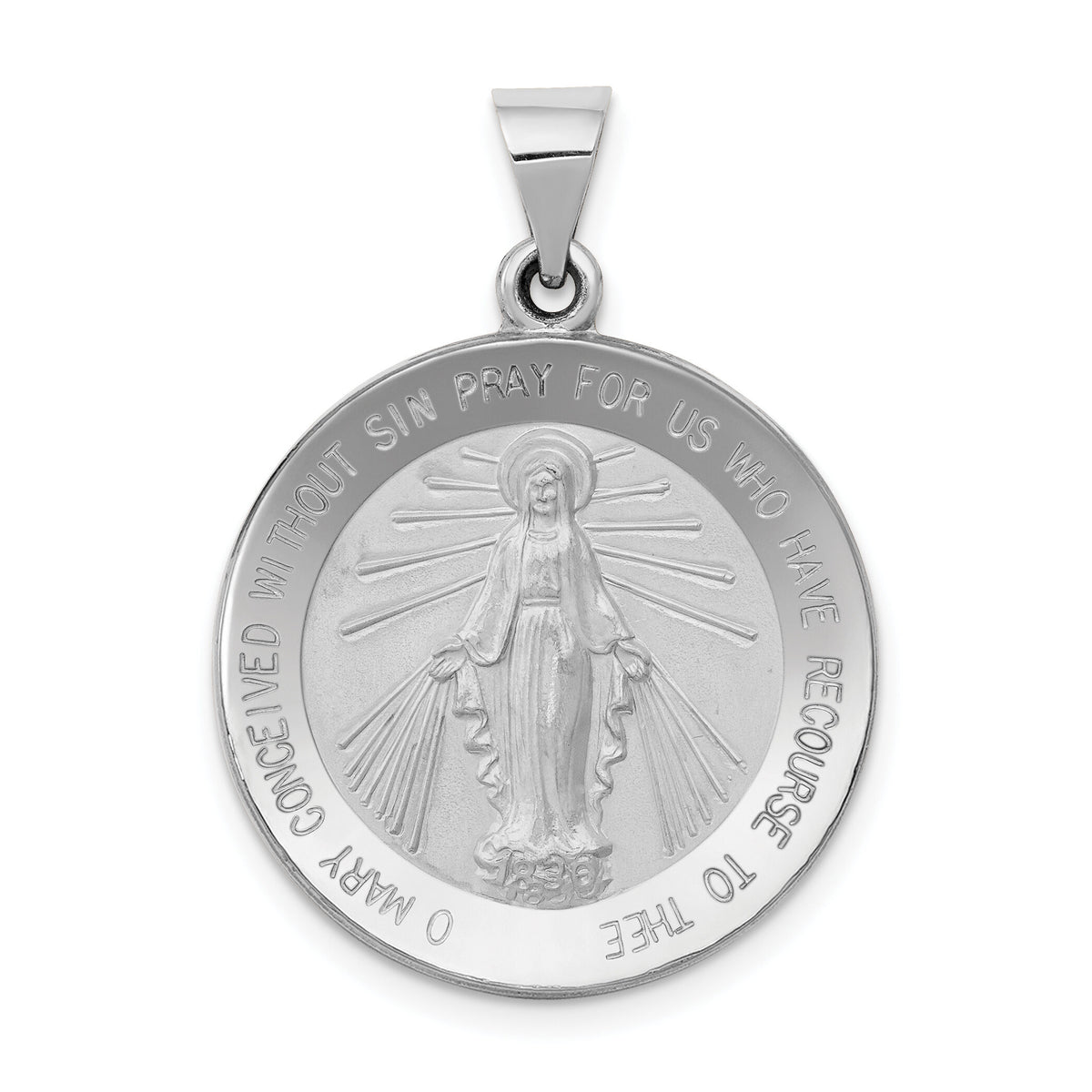 14k White Gold Polished / Satin Miraculous Medal Hollow Pendant-XR1274