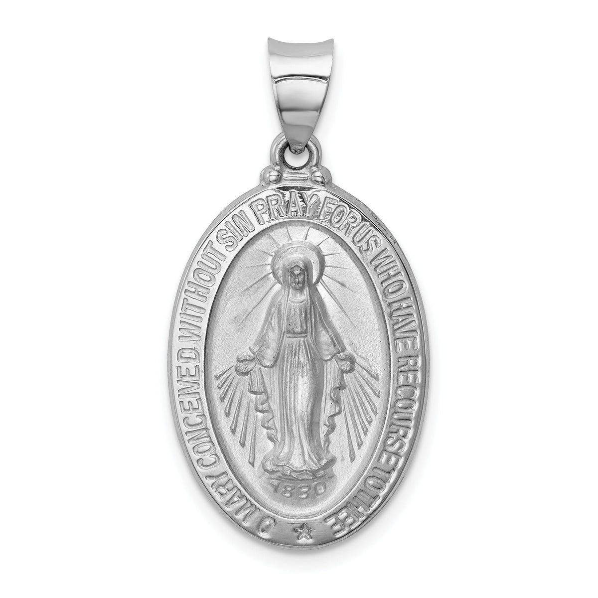 14k White Gold Polished/Satin Miraculous Medal Hollow Pendant-XR1278