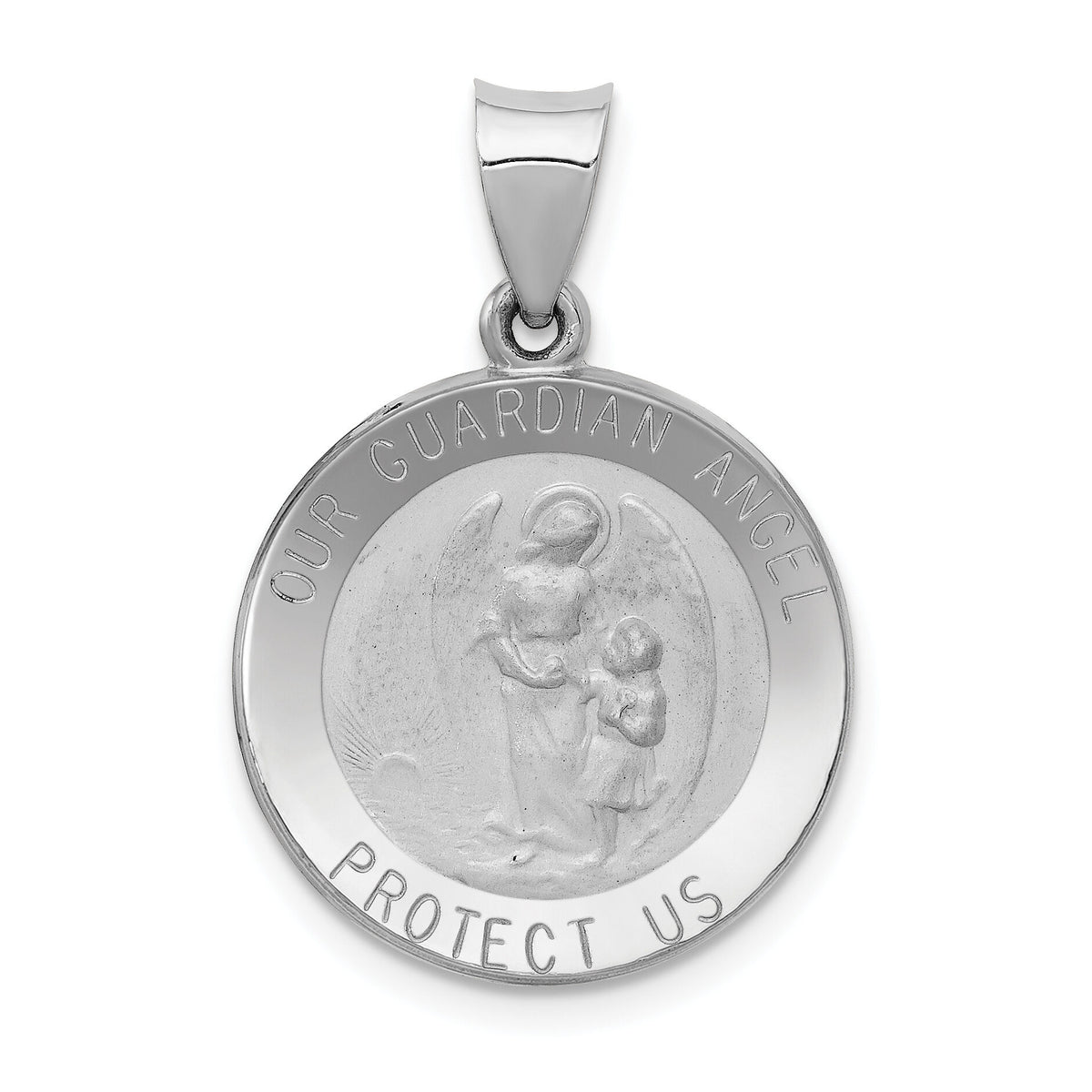 14K White Gold Our Guardian Angel Medal Hollow Pendant-XR1280