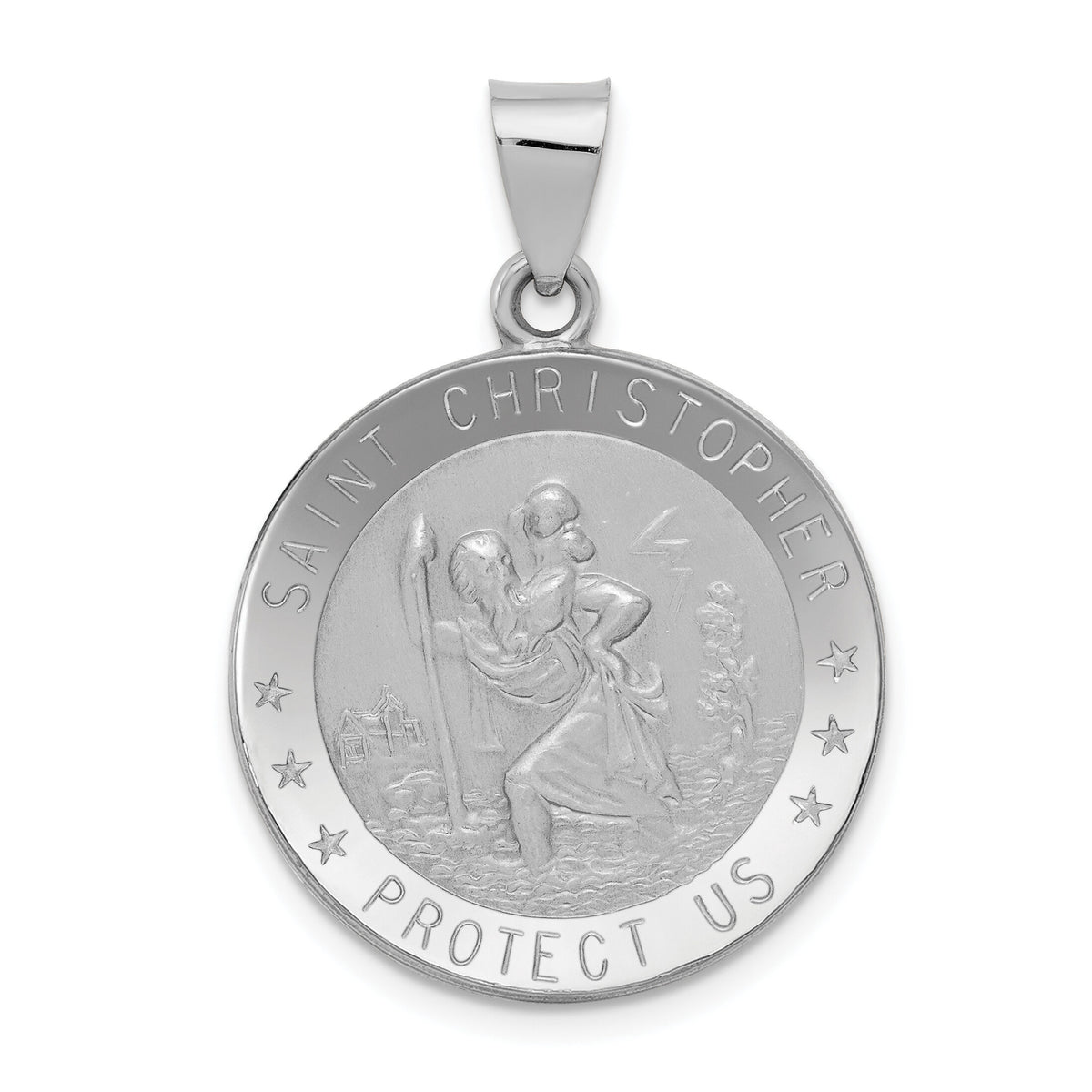 14k White Gold Polished/Satin St Christopher Medal Hollow Pendant-XR1302