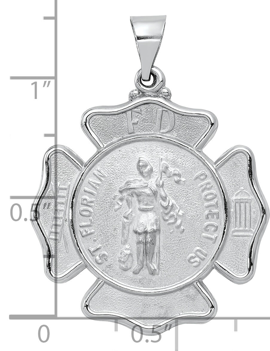 14k White Gold Polish/Satin St Florian Badge Medal Hollow Pendant-XR1316