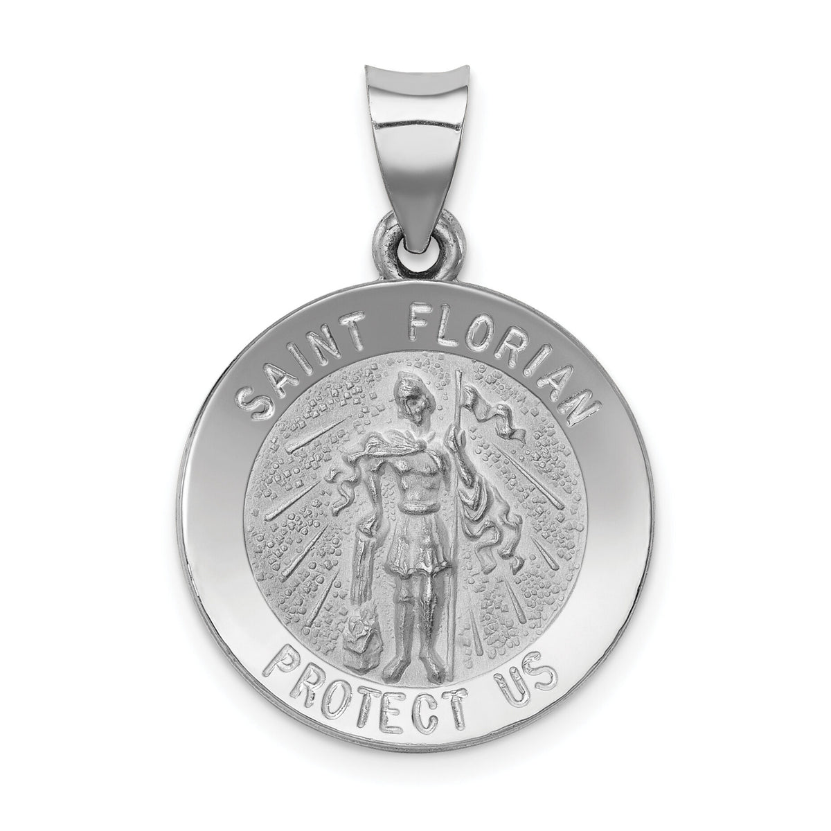 14k White Gold Polished and Satin St Florian Medal Hollow Pendant-XR1318