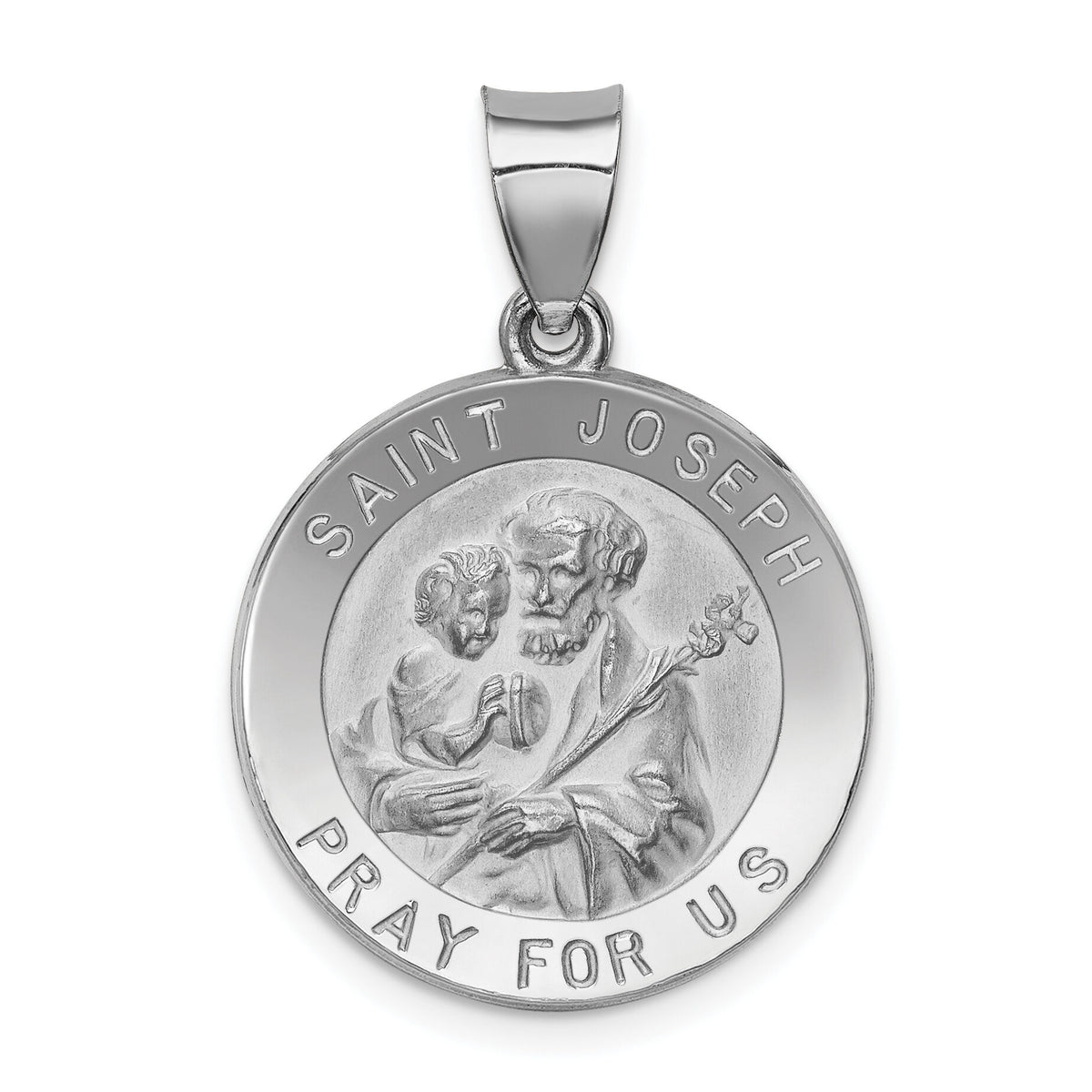 14k White Gold Polished and Satin St Joseph Medal Hollow Pendant-XR1340