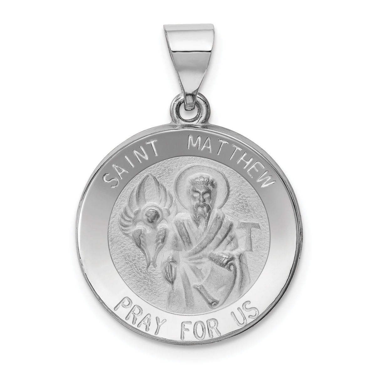 14k White Gold Polished and Satin St Matthew Hollow Pendant-XR1361