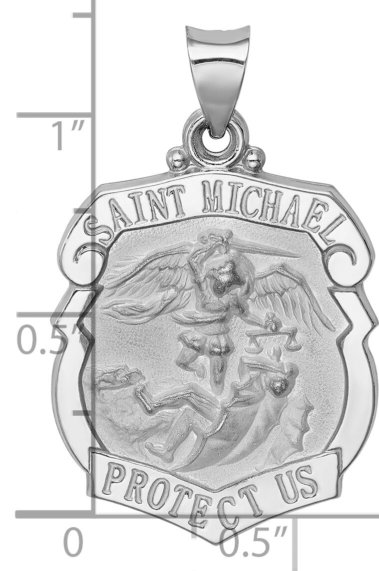14K White Gold Polish/Satin St Michael Badge Medal Hollow Pendant-XR1369