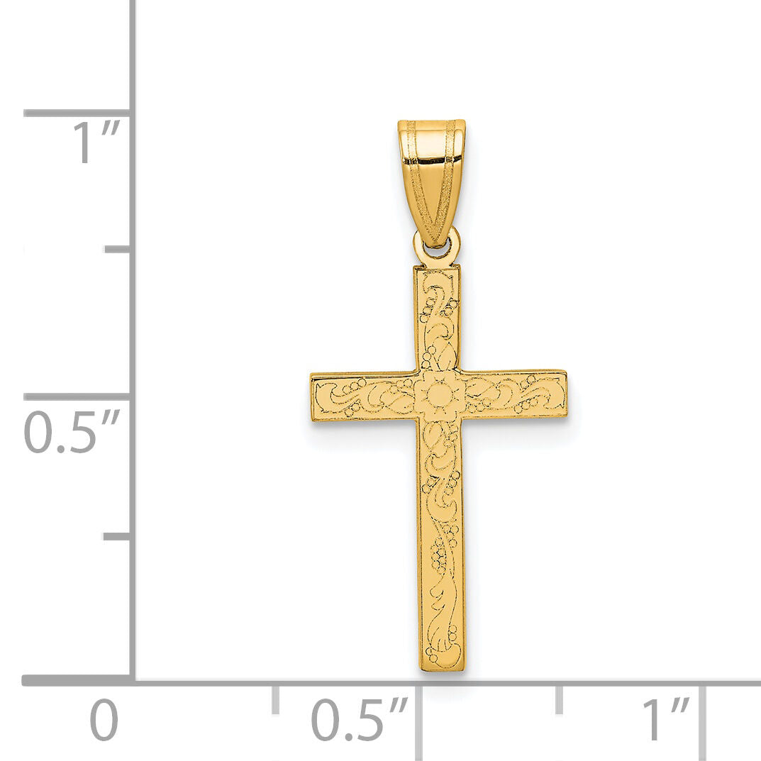 14k Etched Floral Cross Pendant-XR137