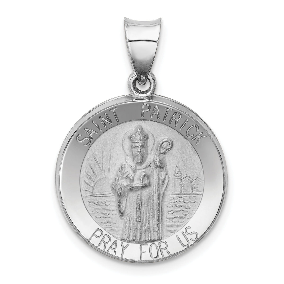 14k White Gold Polished and Satin St Patrick Medal Hollow Pendant-XR1374