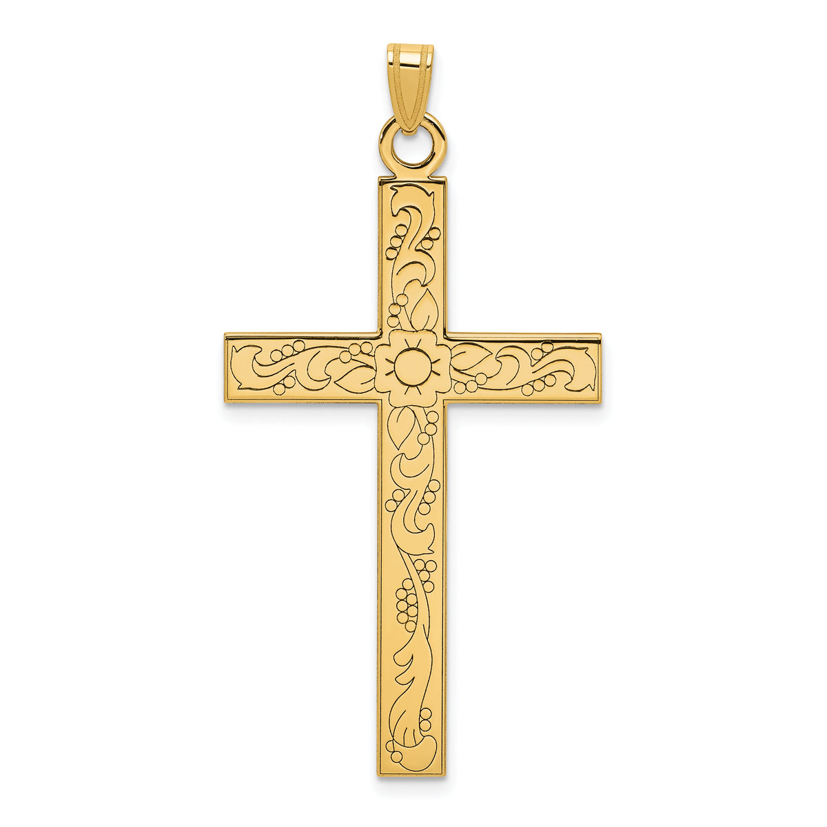 14k Etched Floral Design Cross Pendant-XR140