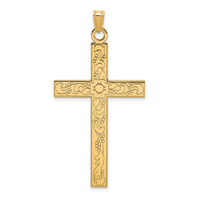 14k Etched Floral Design Cross Pendant-XR140