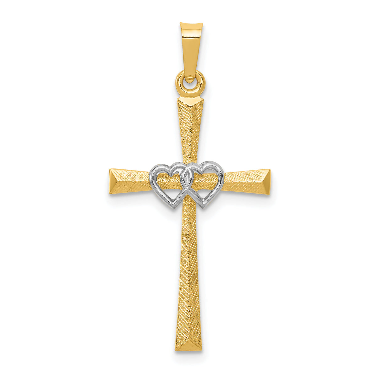 14K Two-tone Textured and Polished Latin Cross w/ Hearts Pendant-XR1455