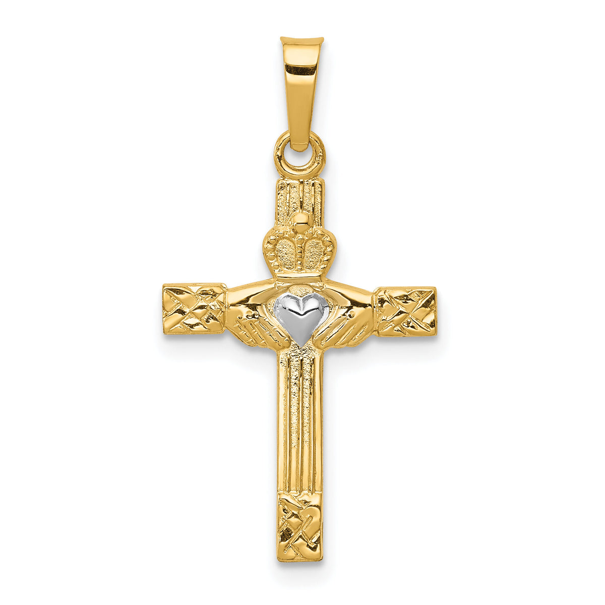 14k and Rhodium Polished Claddagh Cross Pendant-XR1467