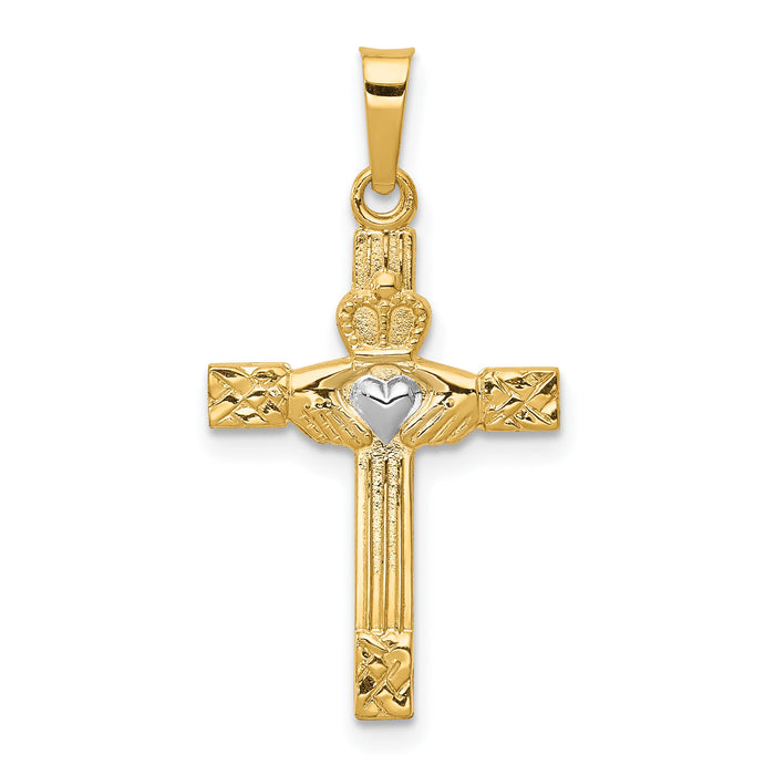 14k and Rhodium Polished Claddagh Cross Pendant-XR1467