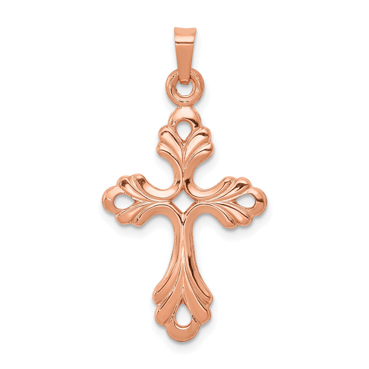 14K Rose Gold Polished Fleur De Lis Cross Pendant-XR1474