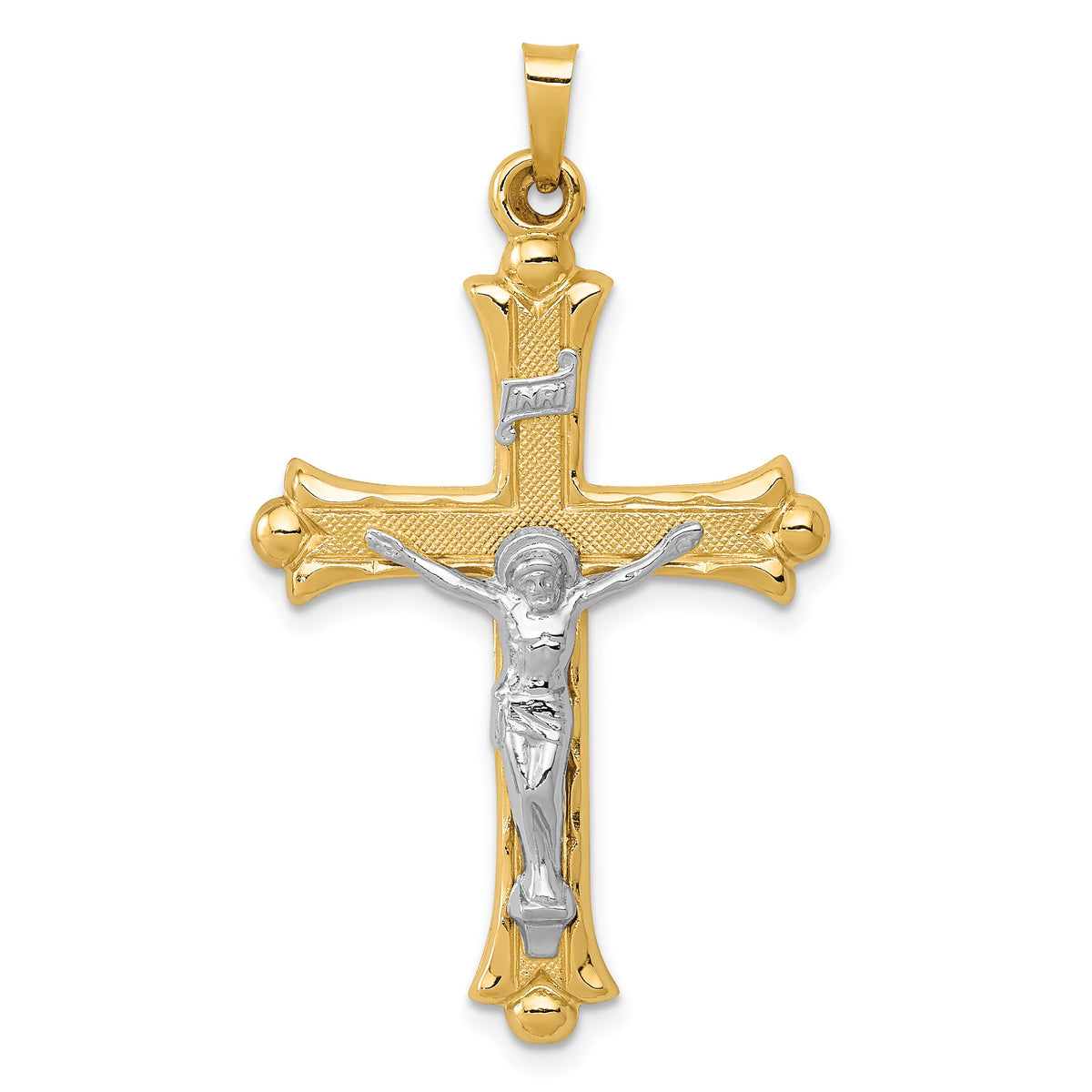 14k Two-Tone Textured and Polished INRI Crucifix Pendant-XR1492