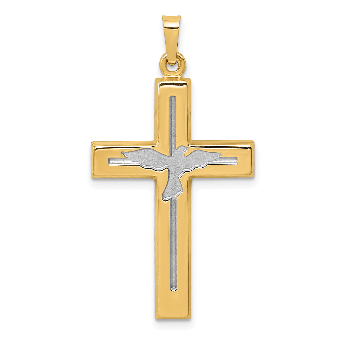 14K W/Rhodium Polished and Satin Cross W/Dove Pendant-XR1625